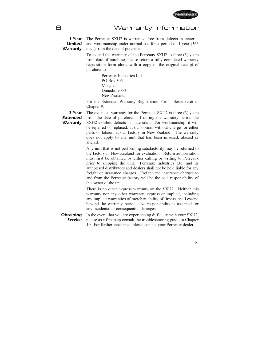 Perreaux Silhouette SXH2 owner manual Warranty Information 