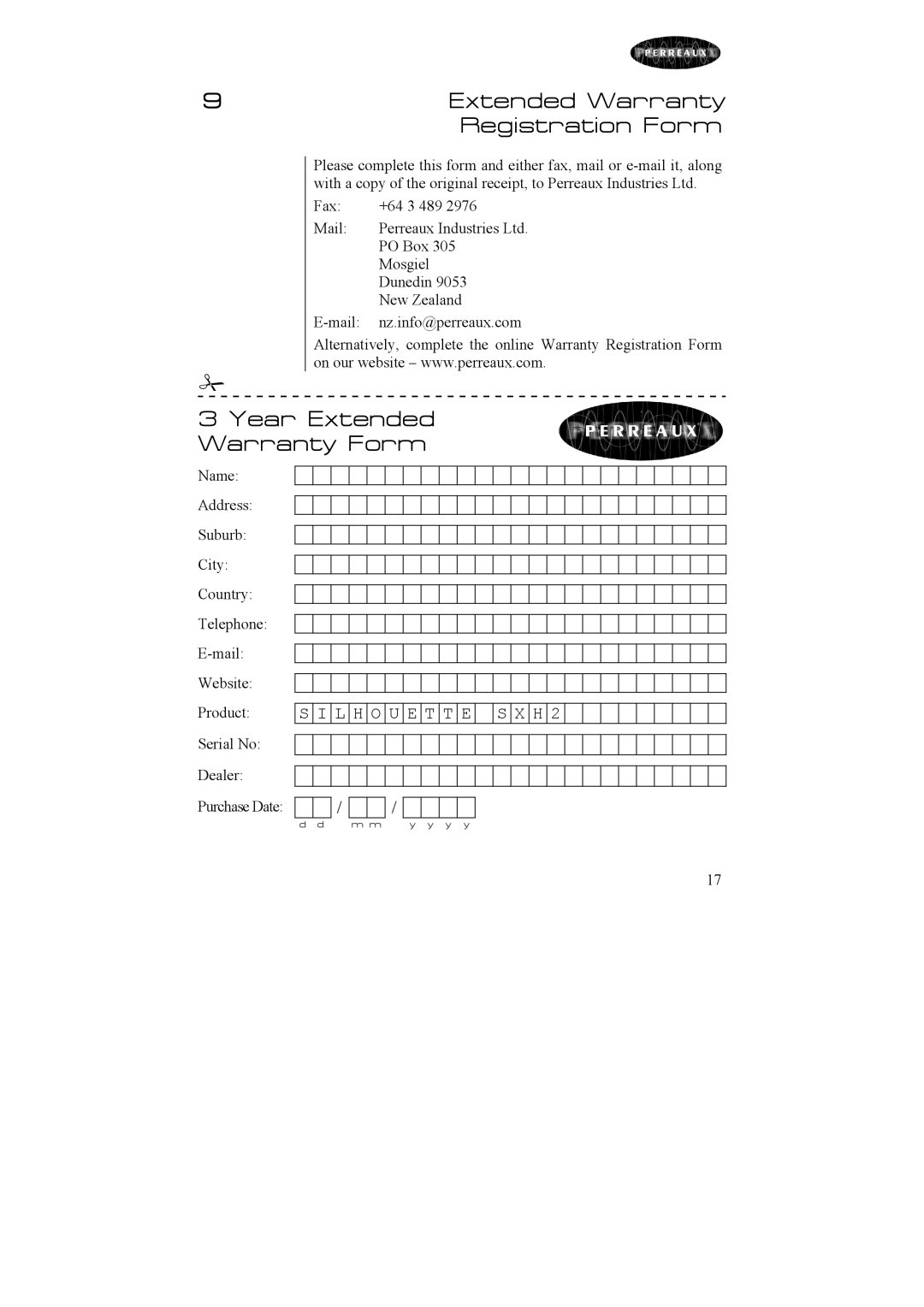 Perreaux Silhouette SXH2 owner manual Registration Form, Year Extended Warranty Form 