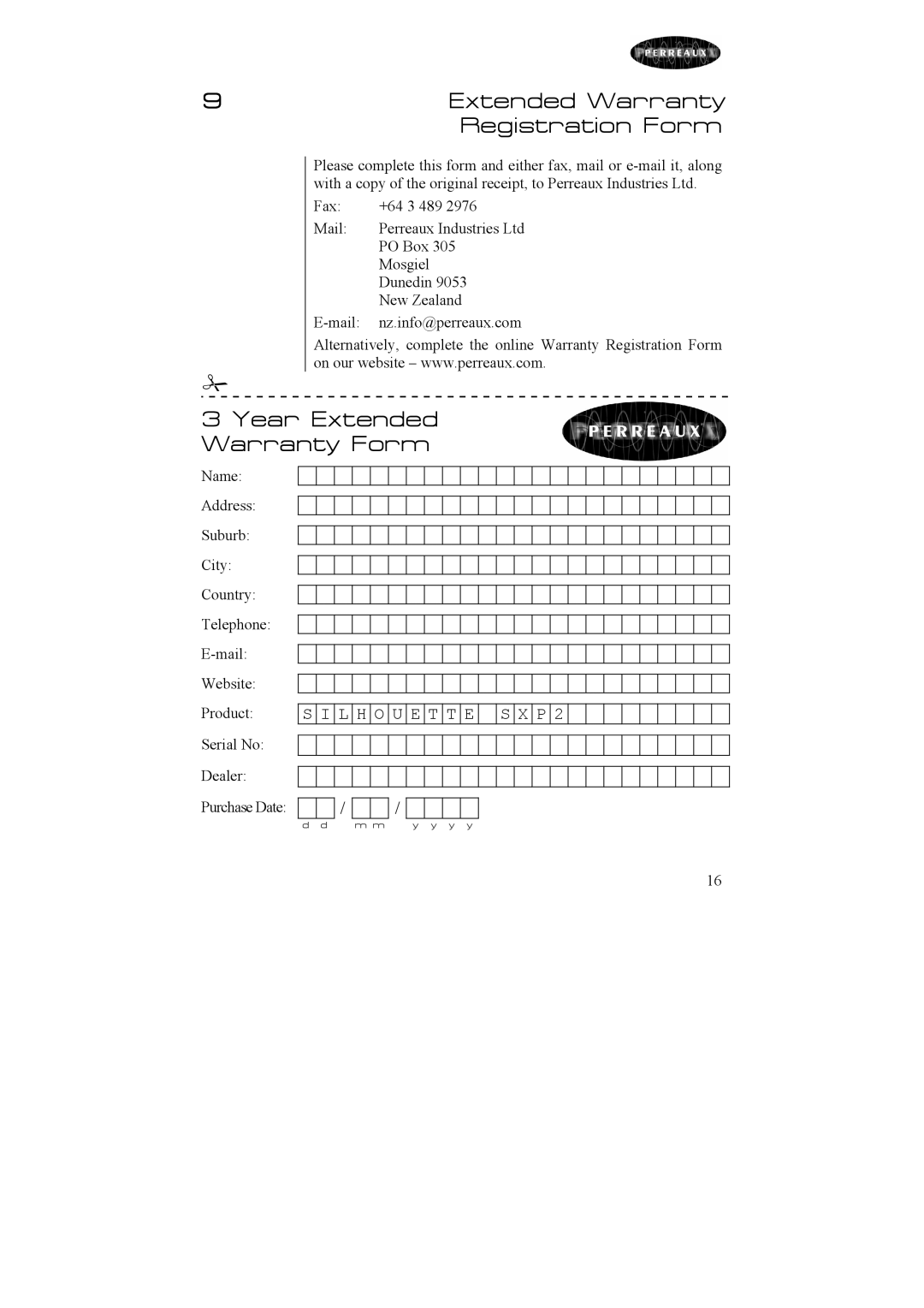 Perreaux Silhouette SXP2 owner manual Registration Form, Year Extended Warranty Form 