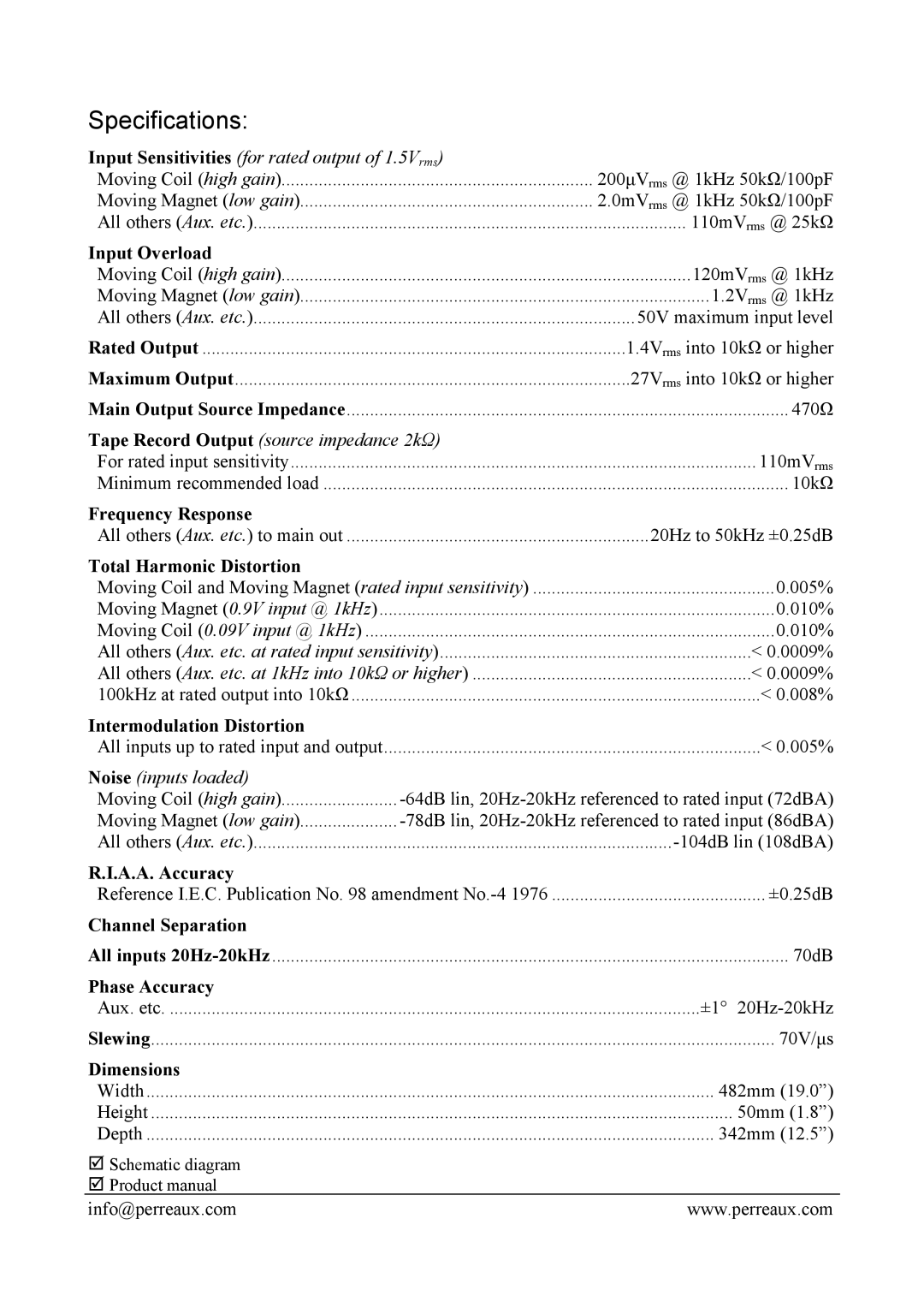 Perreaux SM2 manual Specifications 