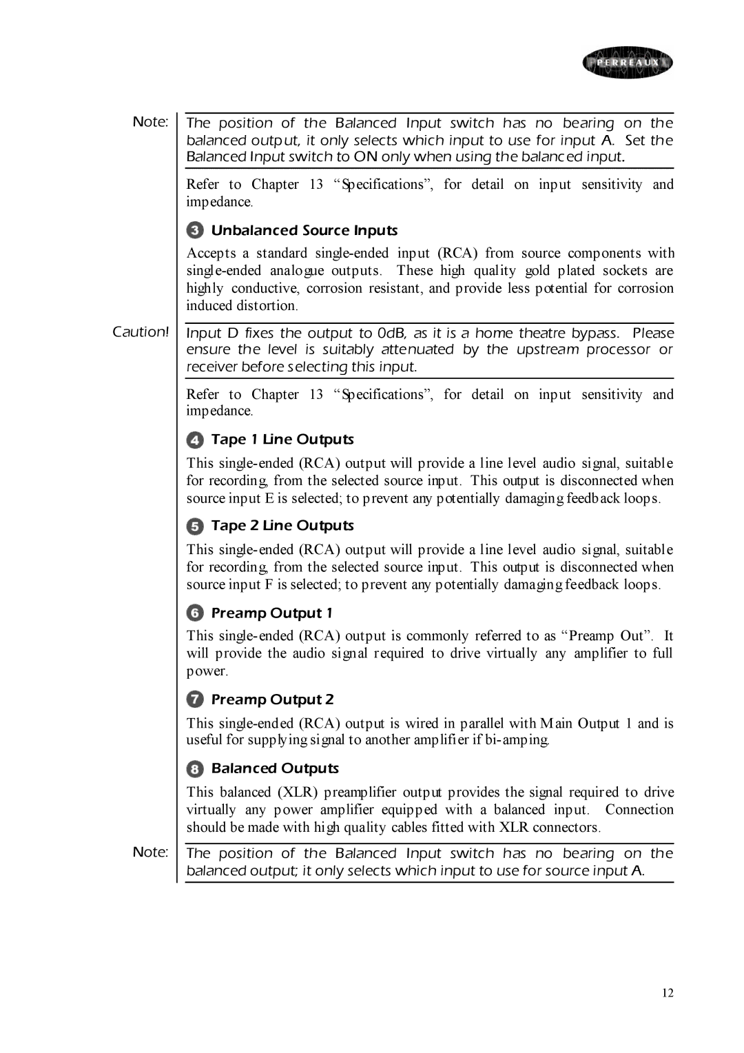 Perreaux SM6 MKII owner manual Unbalanced Source Inputs 