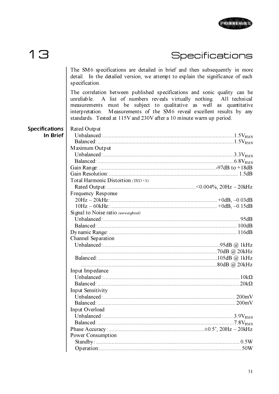 Perreaux SM6 MKII owner manual 13Specifications, 8VRMS 