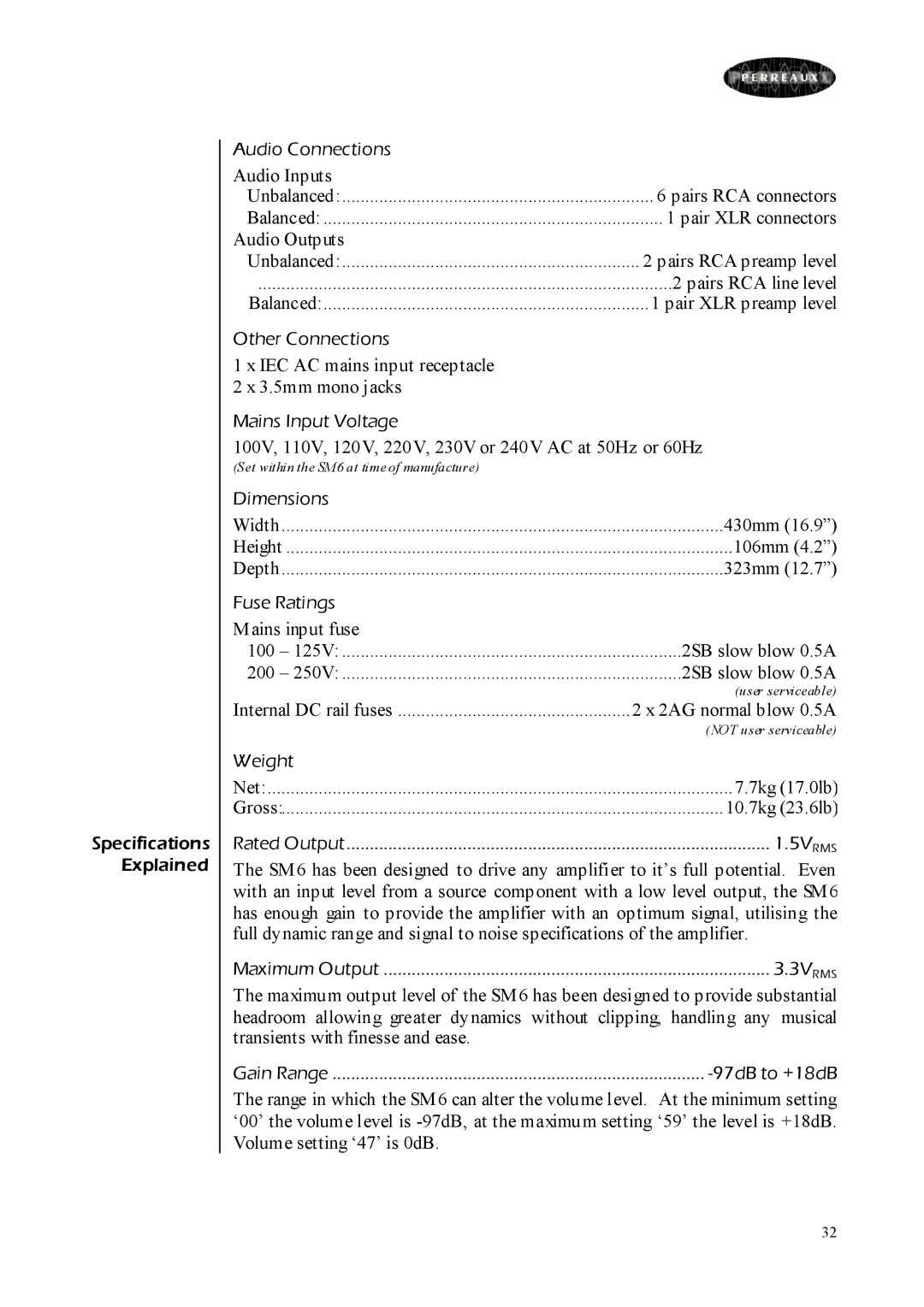 Perreaux SM6 MKII owner manual Audio Inputs 