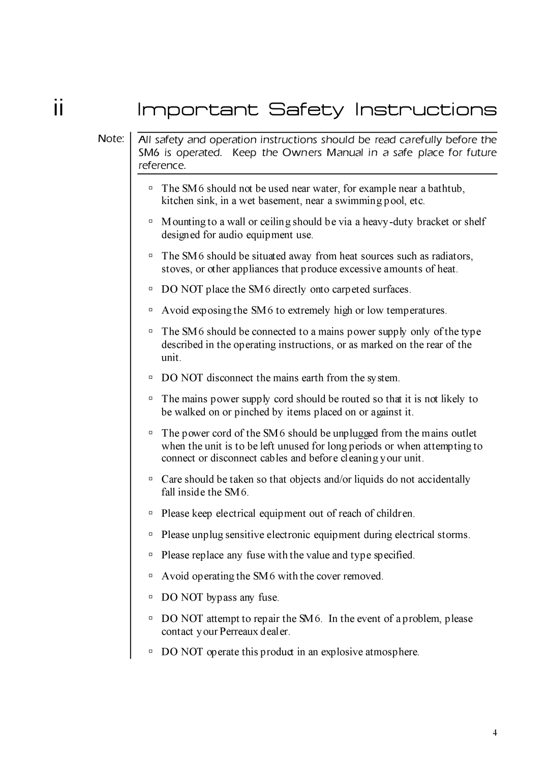 Perreaux SM6 MKII owner manual Ii Important Safety Instructions 