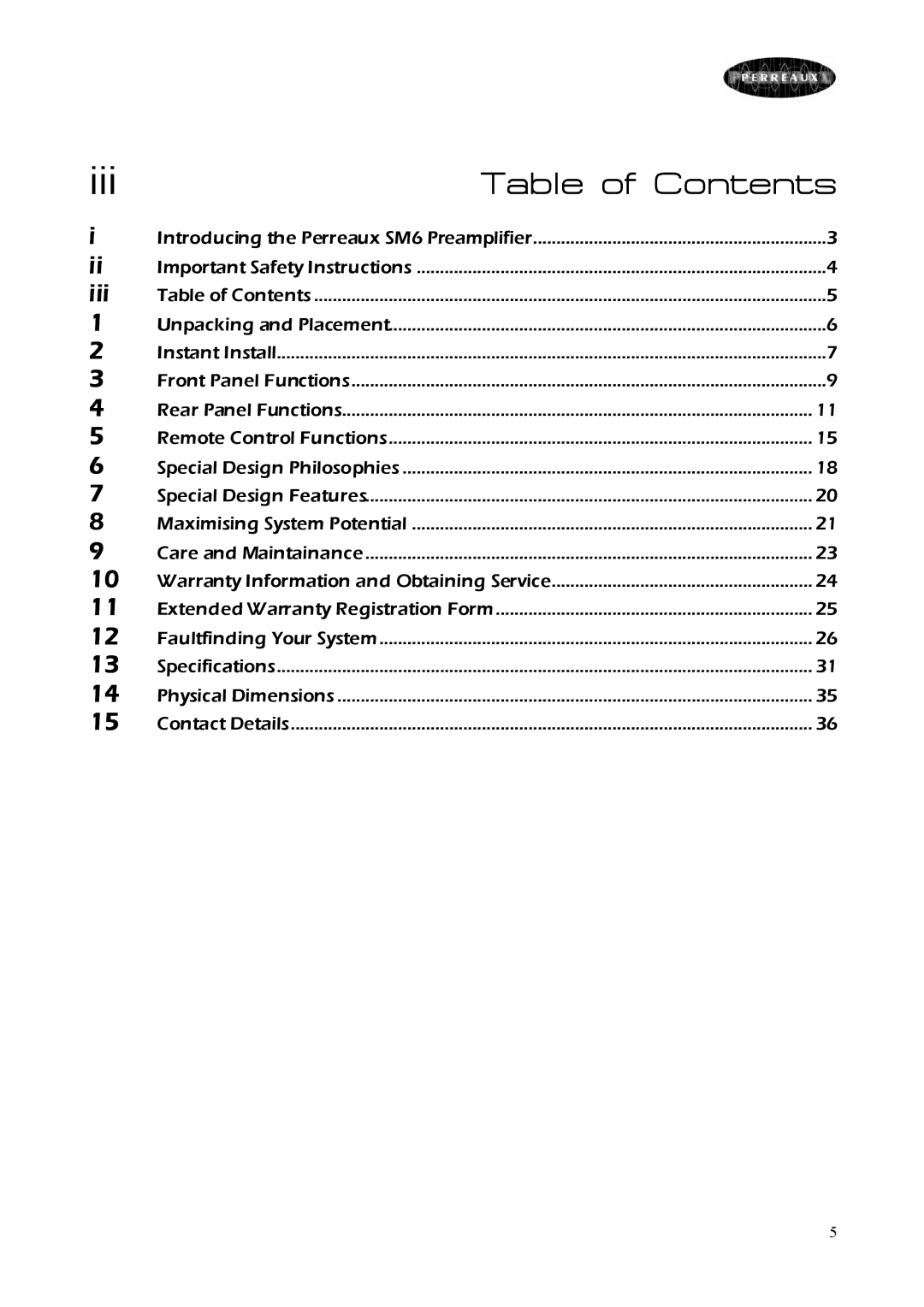 Perreaux SM6 MKII owner manual Iii, Table of Contents 