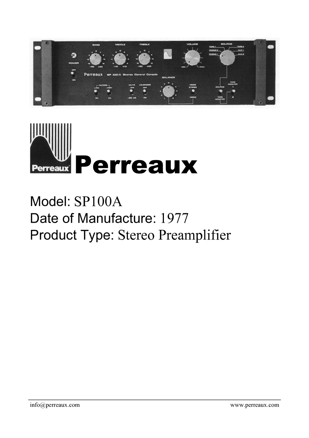 Perreaux SP100A manual Perreaux, Product Type Stereo Preamplifier 