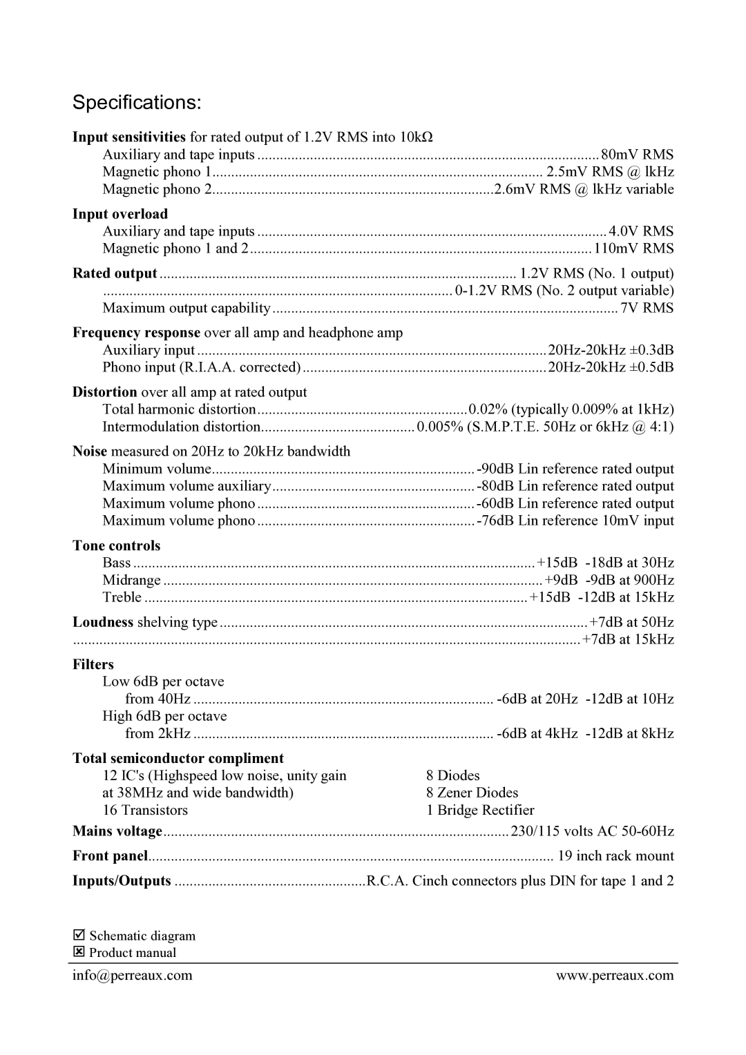 Perreaux SP100A manual Specifications, Input overload, Tone controls, Filters, Total semiconductor compliment 
