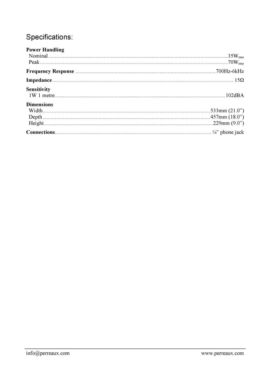 Perreaux STAGECRAFT PE8 manual Specifications 