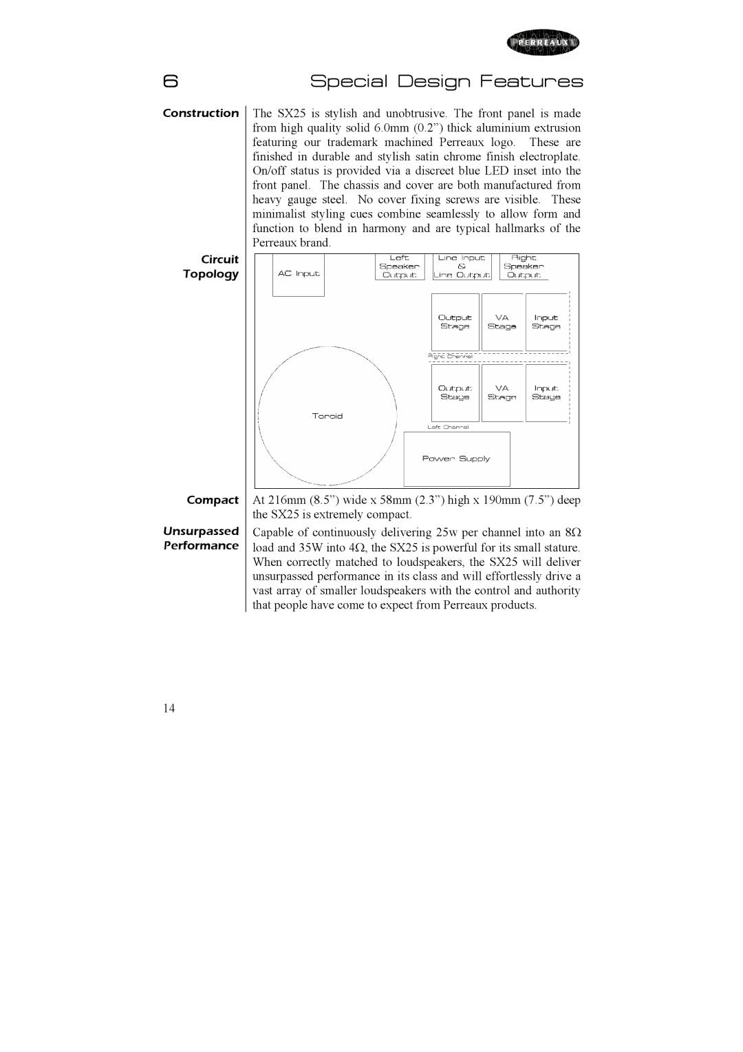 Perreaux SX25 owner manual Special Design Features 