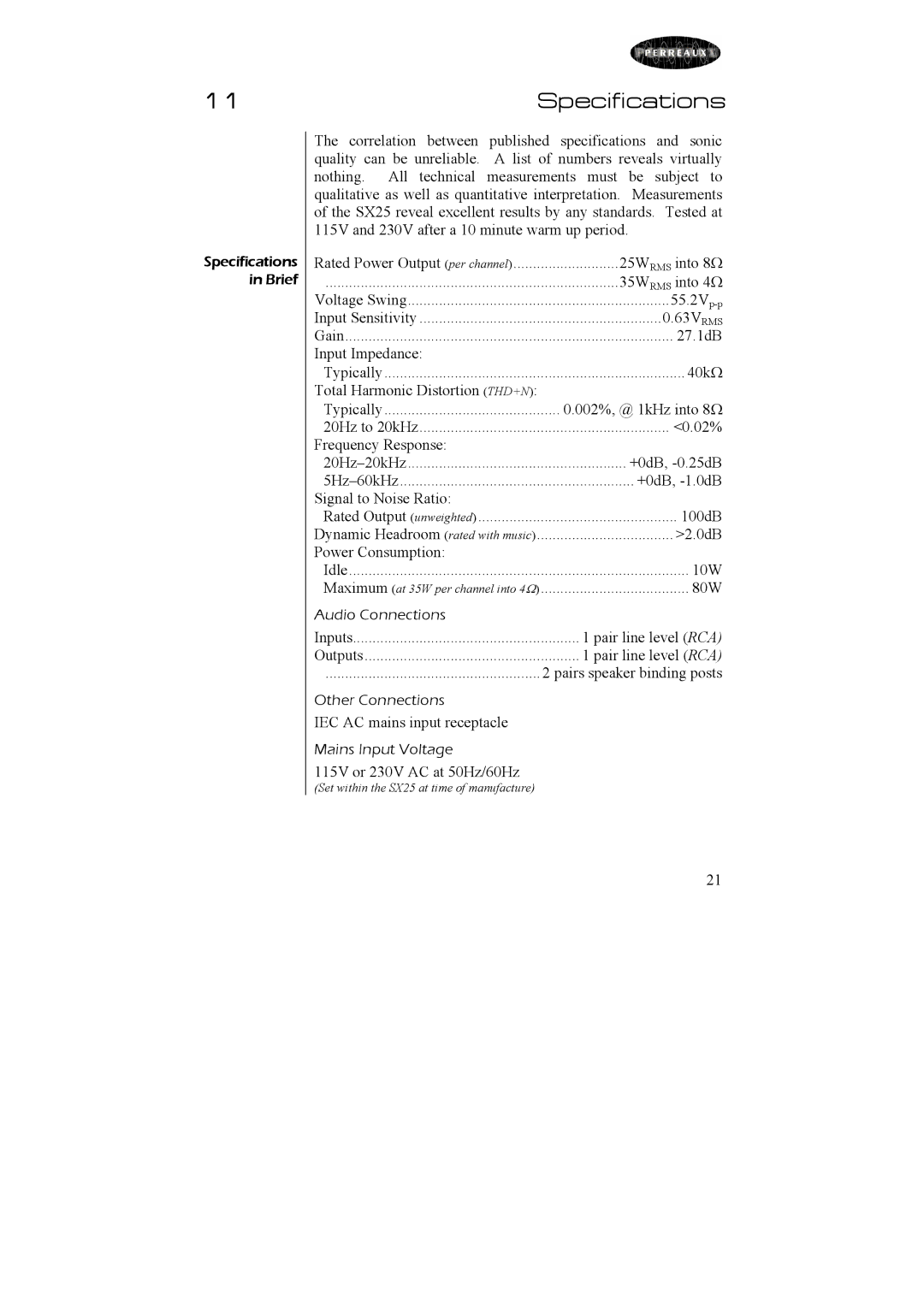 Perreaux SX25 owner manual 11Specifications, 115V or 230V AC at 50Hz/60Hz 