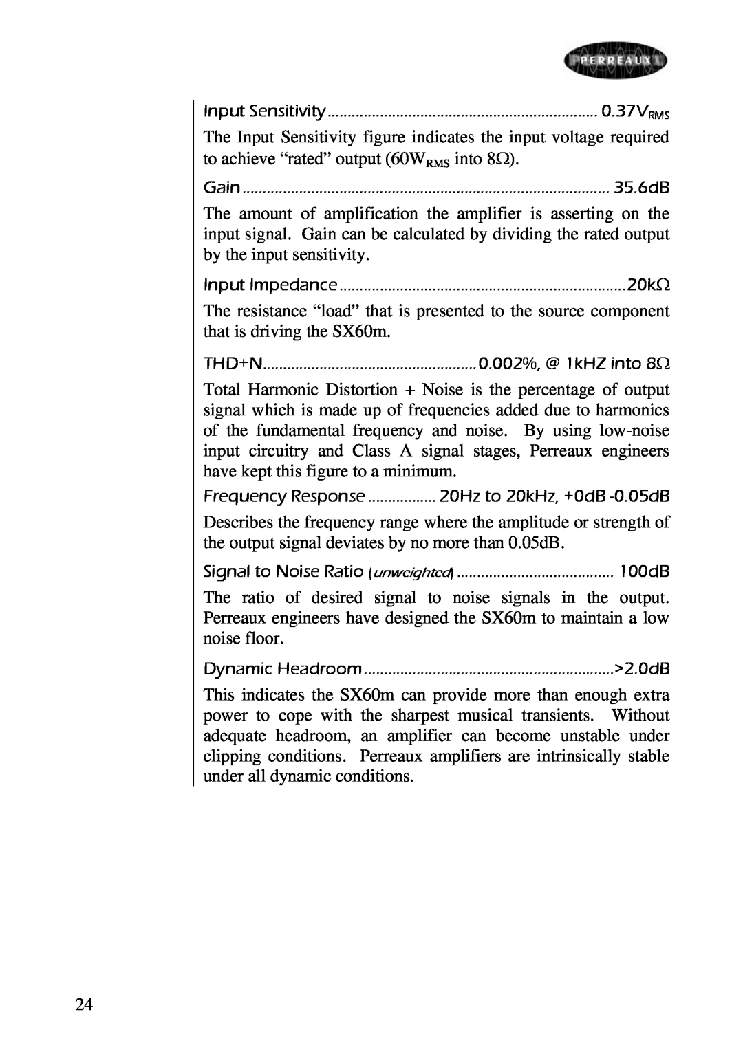 Perreaux SX60m The Input Sensitivity figure indicates the input voltage required to achieve “rated” output 60WRMS into 8Ω 