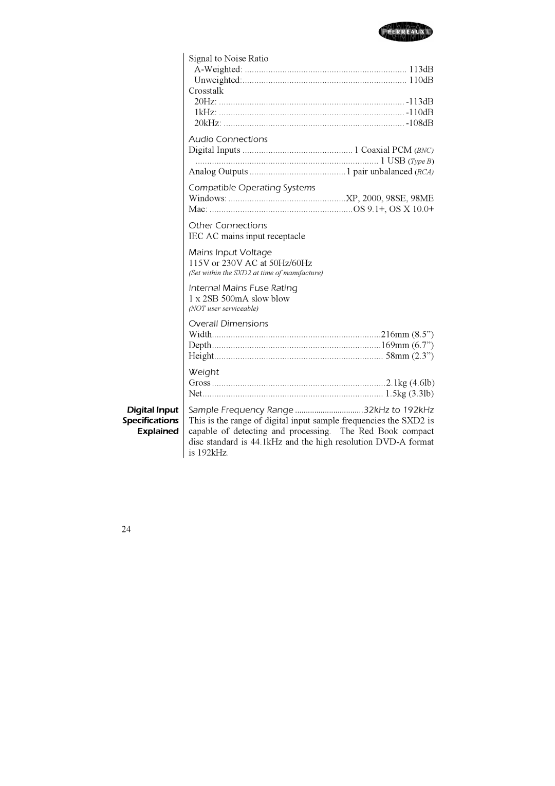 Perreaux SXD2 owner manual Signal to Noise Ratio 