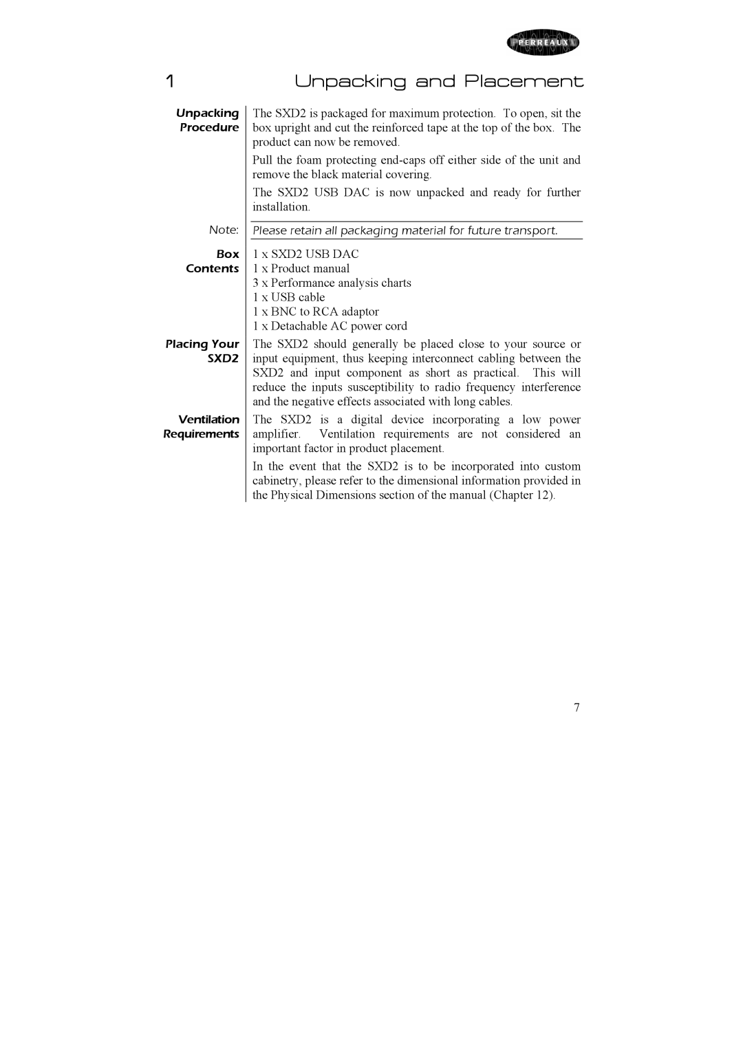 Perreaux SXD2 owner manual Unpacking and Placement 