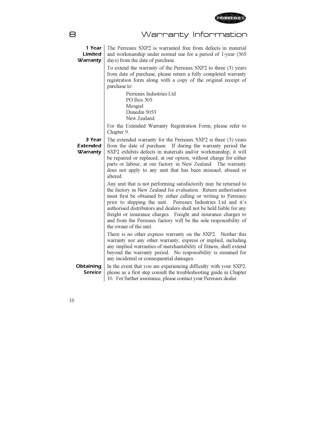 Perreaux SXP2 owner manual Warranty Information 