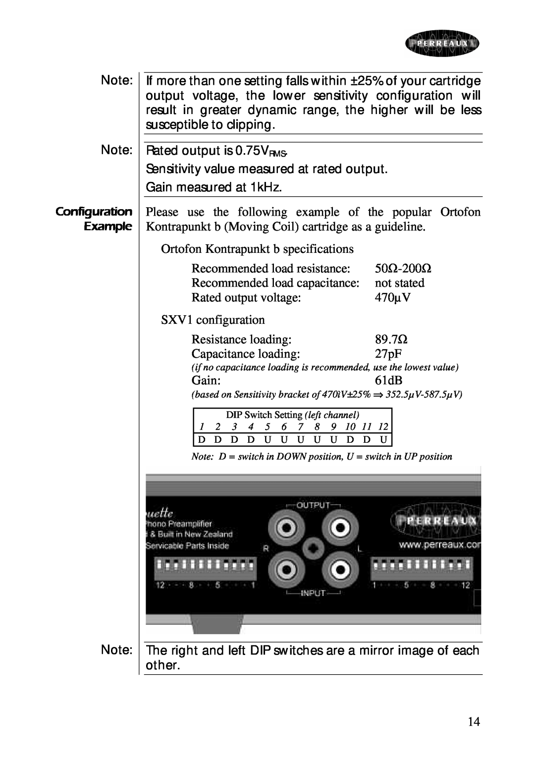Perreaux SXV1 owner manual Ortofon Kontrapunkt b specifications 