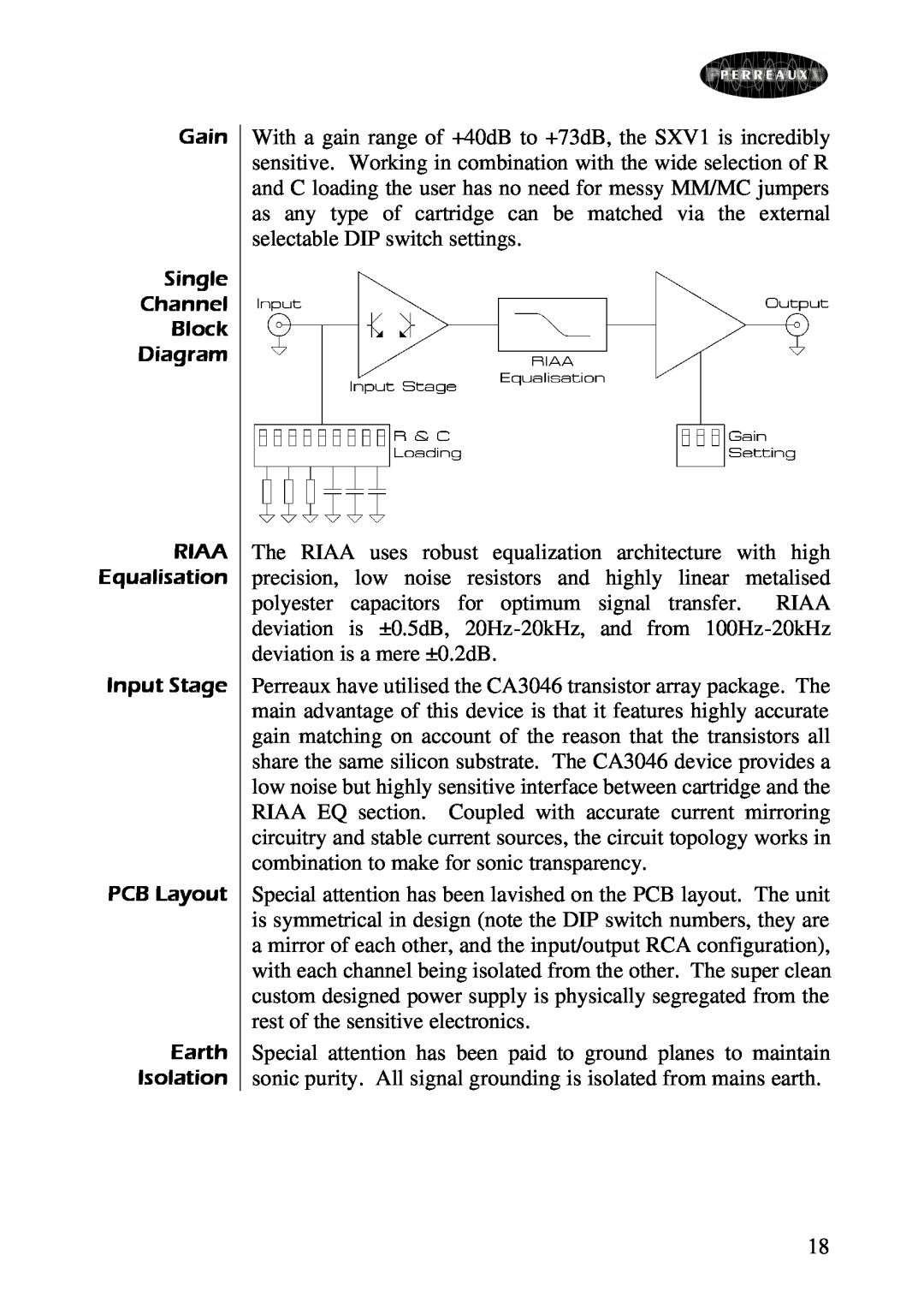 Perreaux SXV1 owner manual Gain Single Channel Block Diagram RIAA Equalisation Input Stage, PCB Layout Earth Isolation 
