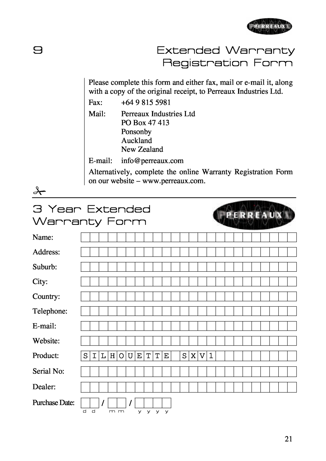 Perreaux SXV1 owner manual Registration Form, Year Extended Warranty Form, S I L H O U E T T E S X V 