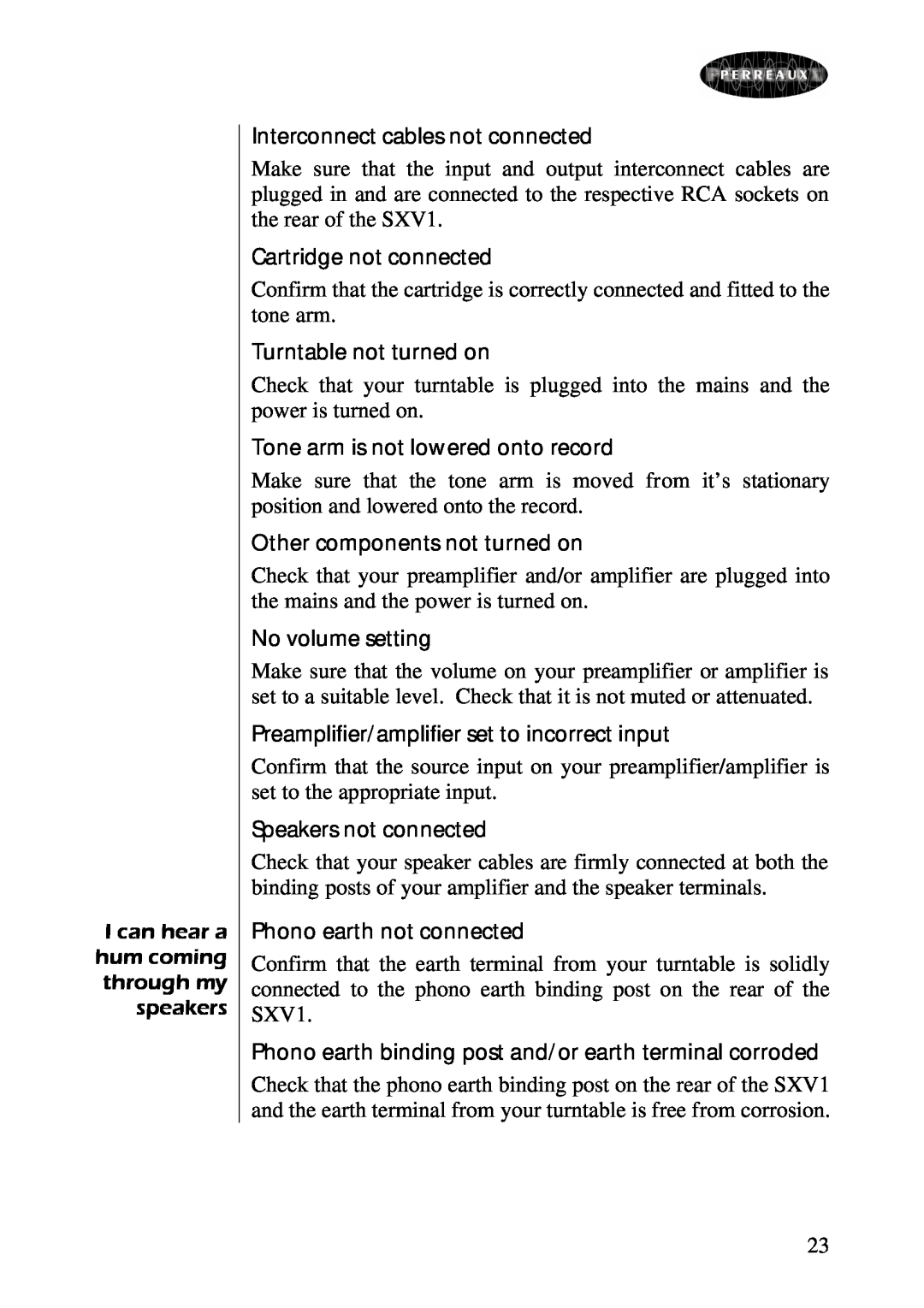 Perreaux SXV1 owner manual I can hear a hum coming through my speakers 