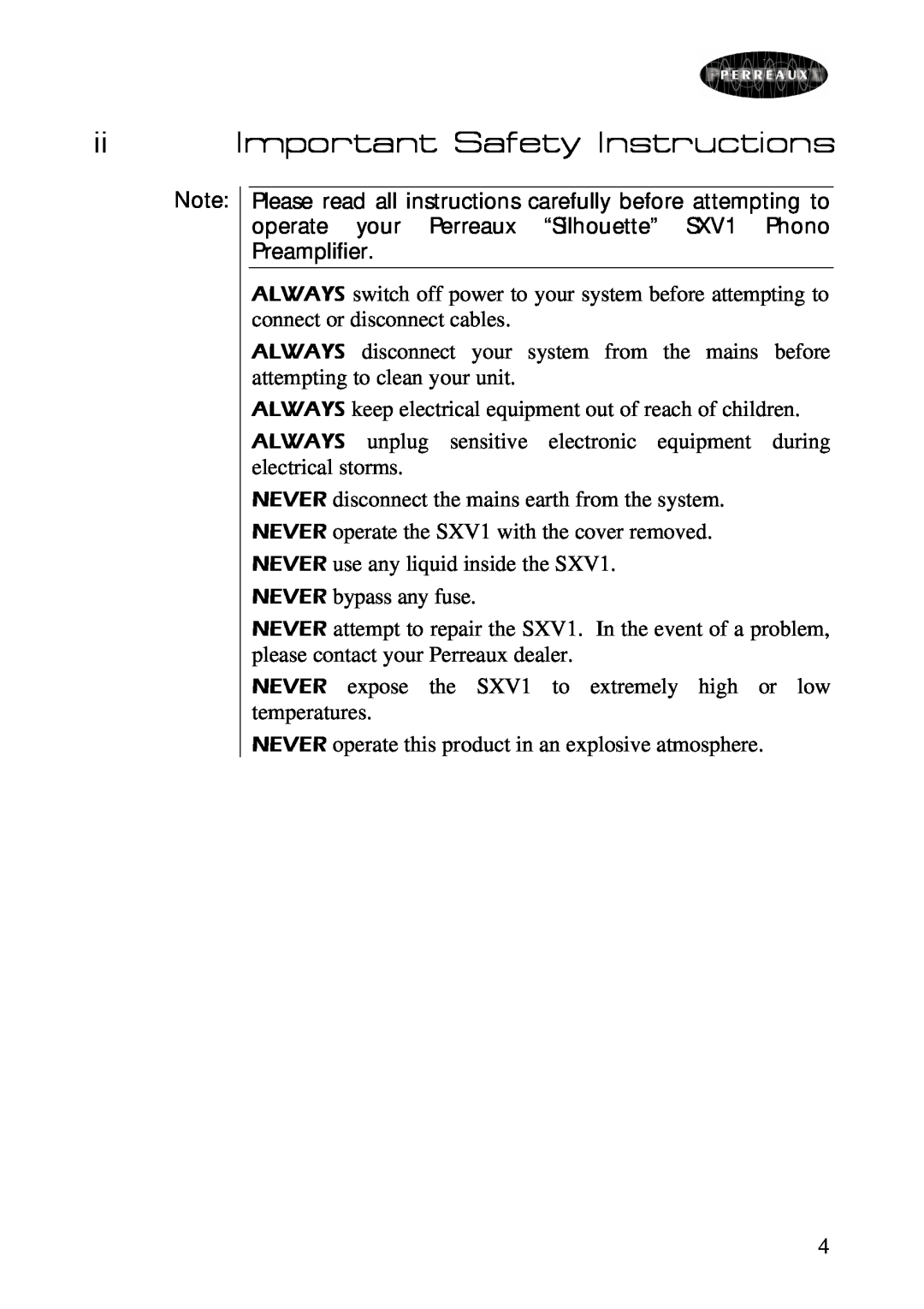 Perreaux SXV1 owner manual ii Important Safety Instructions 