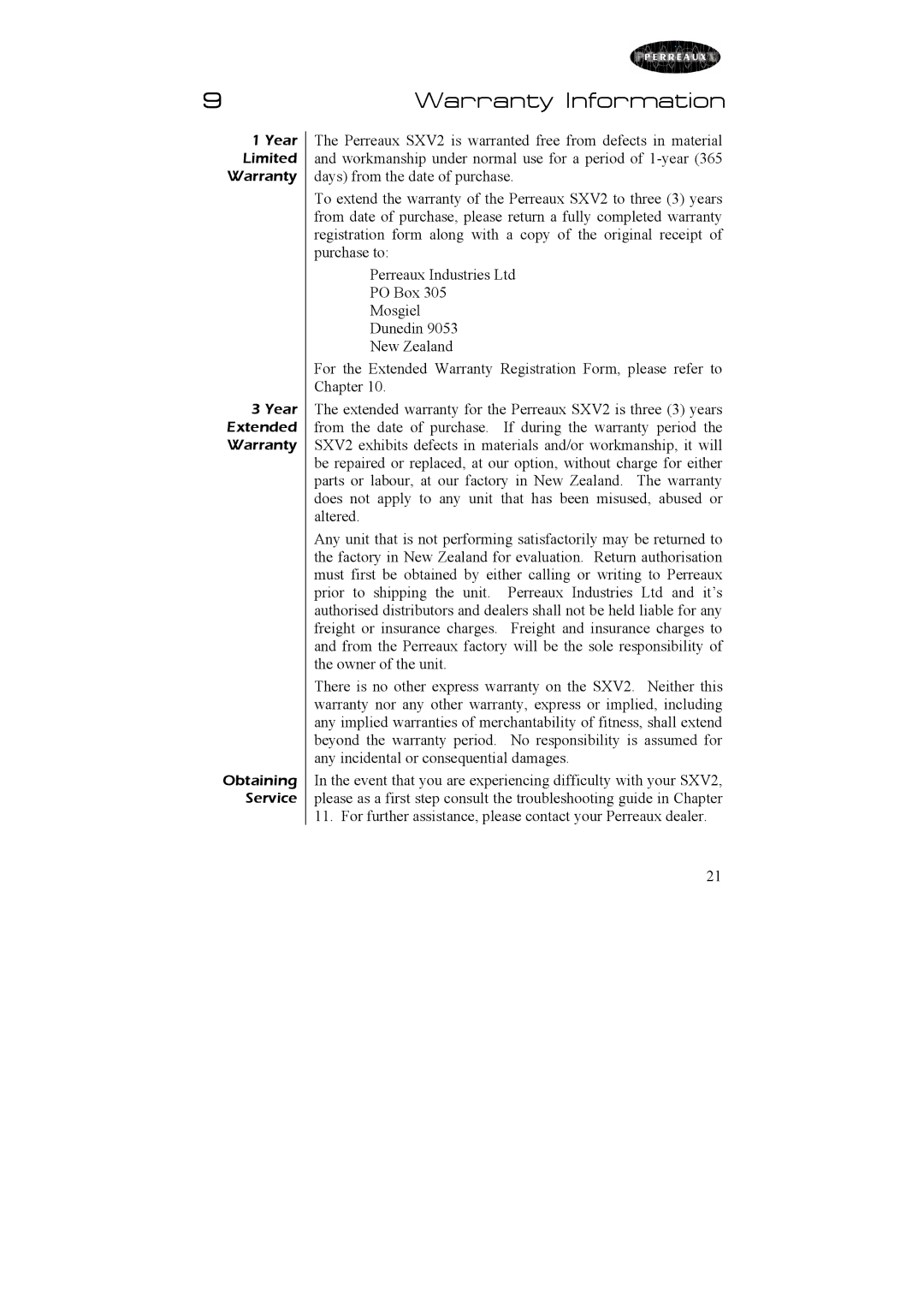 Perreaux SXV2 owner manual Warranty Information 