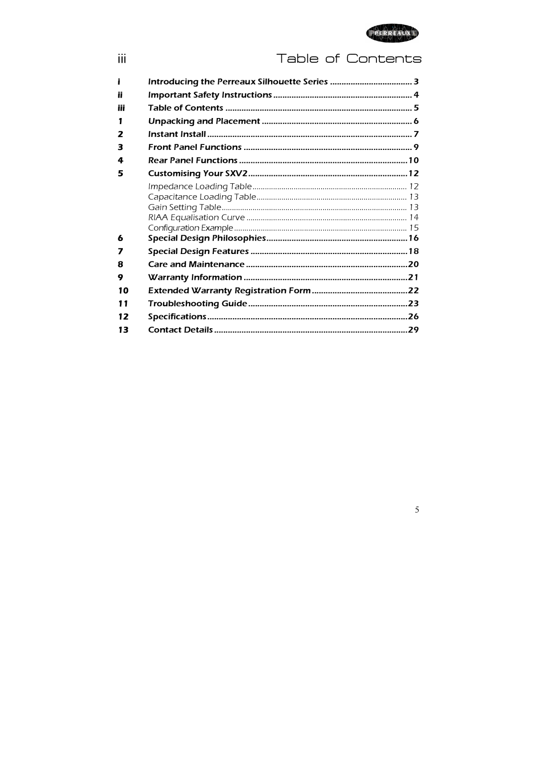 Perreaux SXV2 owner manual Iii Table of Contents 