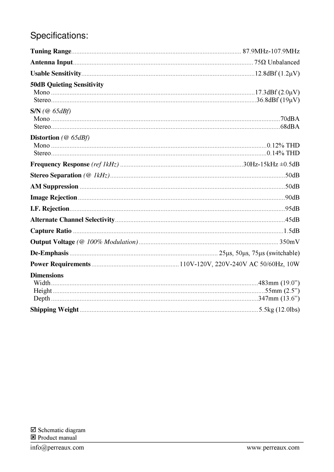 Perreaux TU3 manual Specifications, 50dB Quieting Sensitivity, Distortion @ 65dBf, Dimensions 