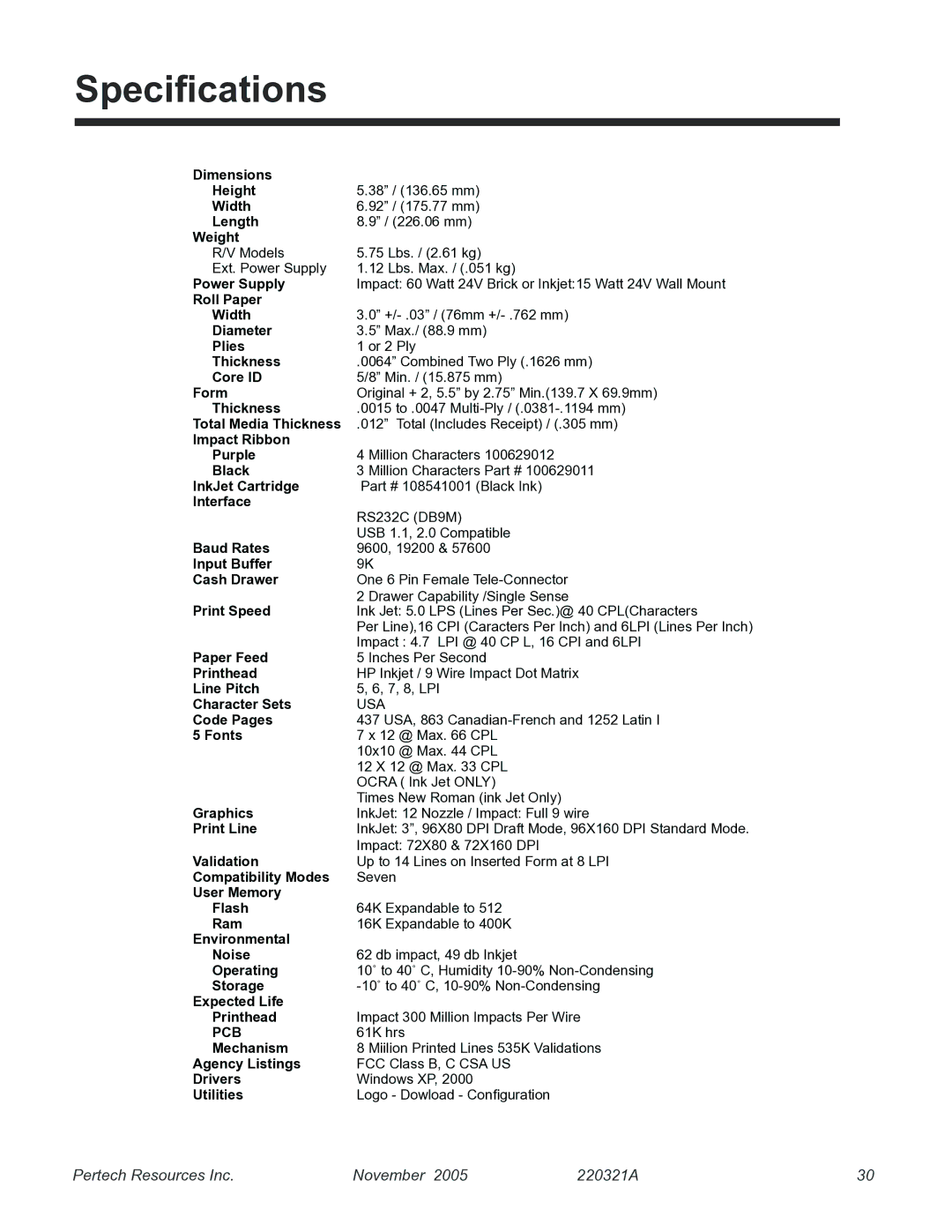 Pertech 5300 manual Specifications, Print Speed 