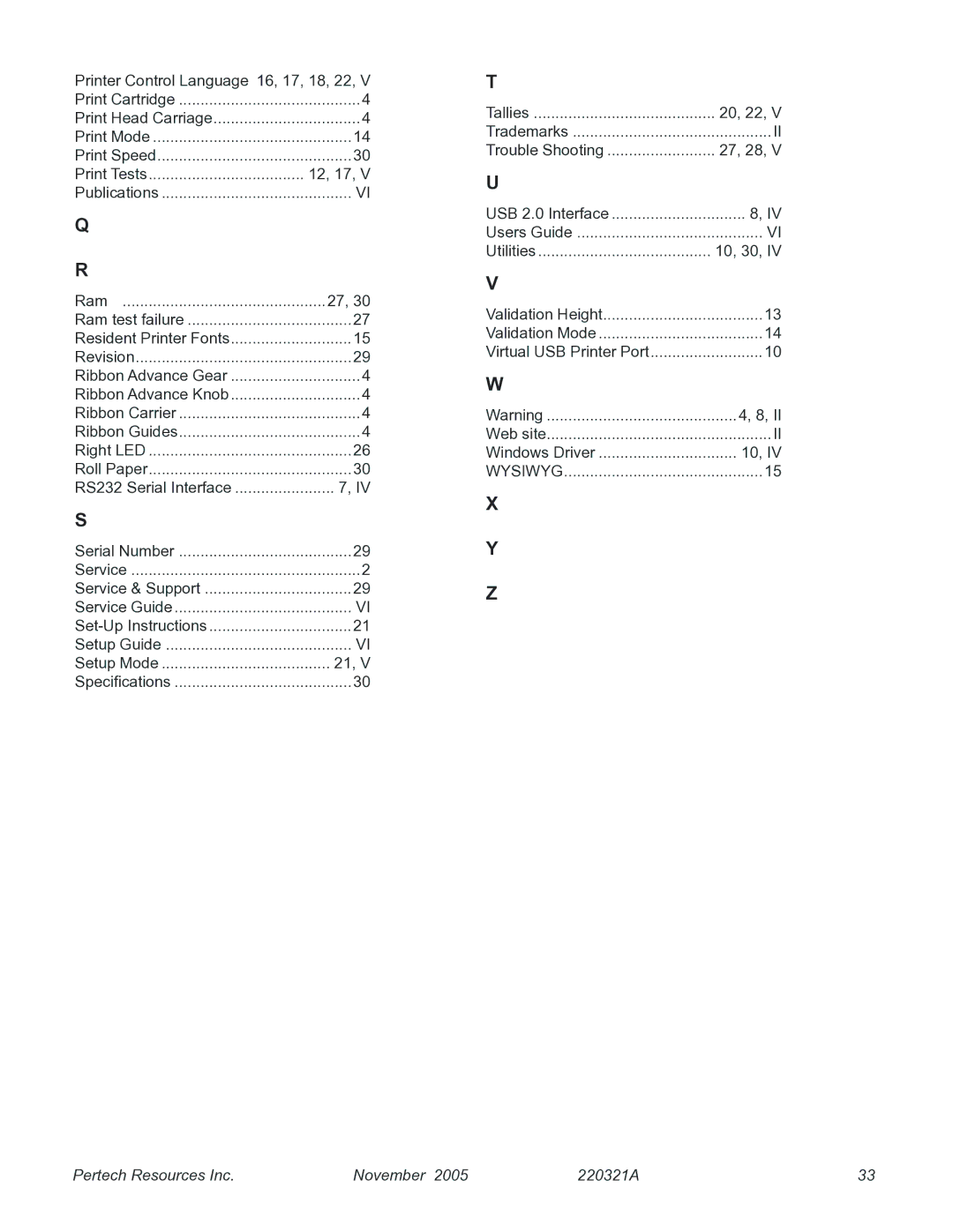 Pertech 5300 manual Printer Control Language 16, 17, 18, 22 