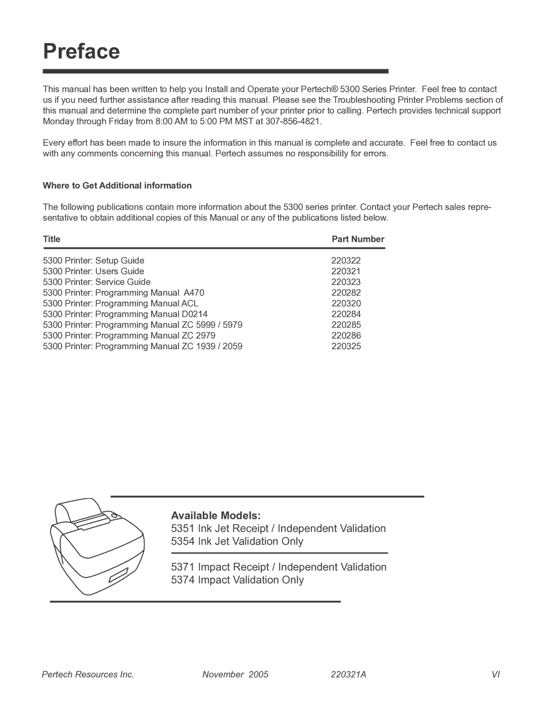 Pertech 5300 manual Preface, Available Models, Where to Get Additional information, Title Part Number 