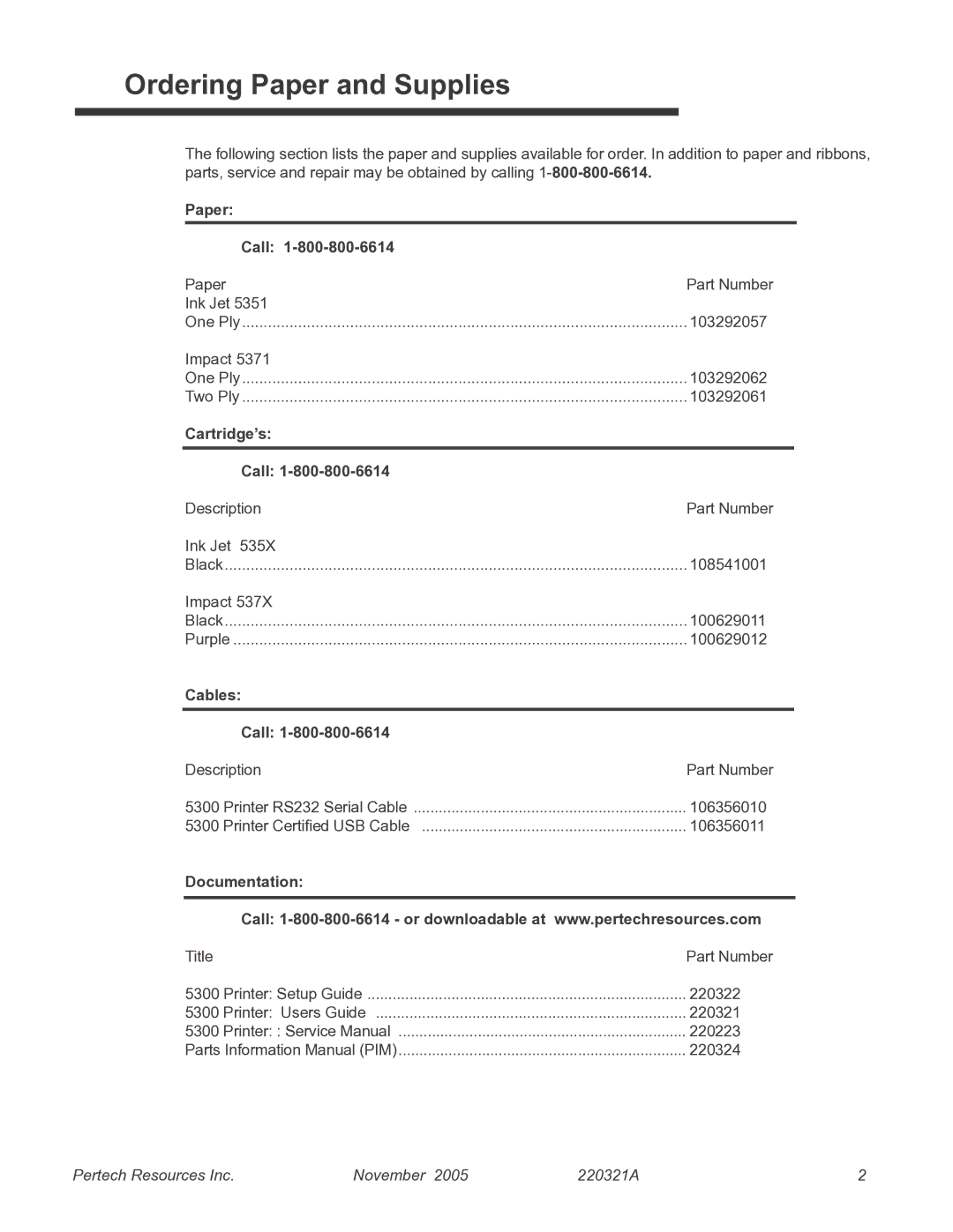 Pertech 5300 manual Ordering Paper and Supplies, Paper Call, Cartridge’s Call, Cables Call, Documentation 