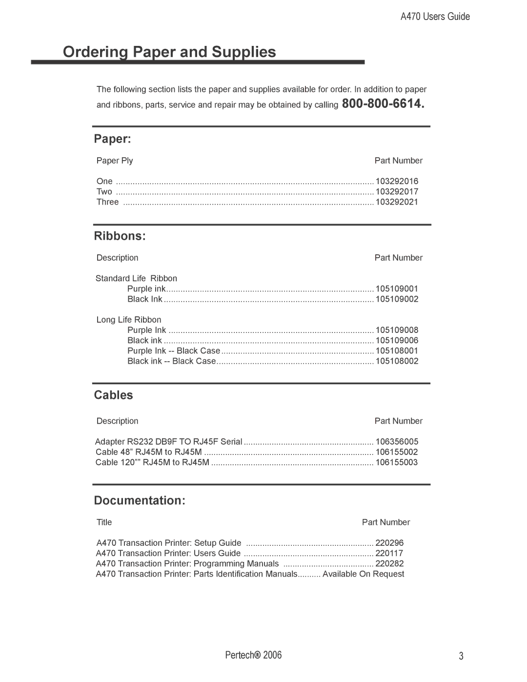 Pertech A470 manual Ordering Paper and Supplies, Ribbons, Cables, Documentation 