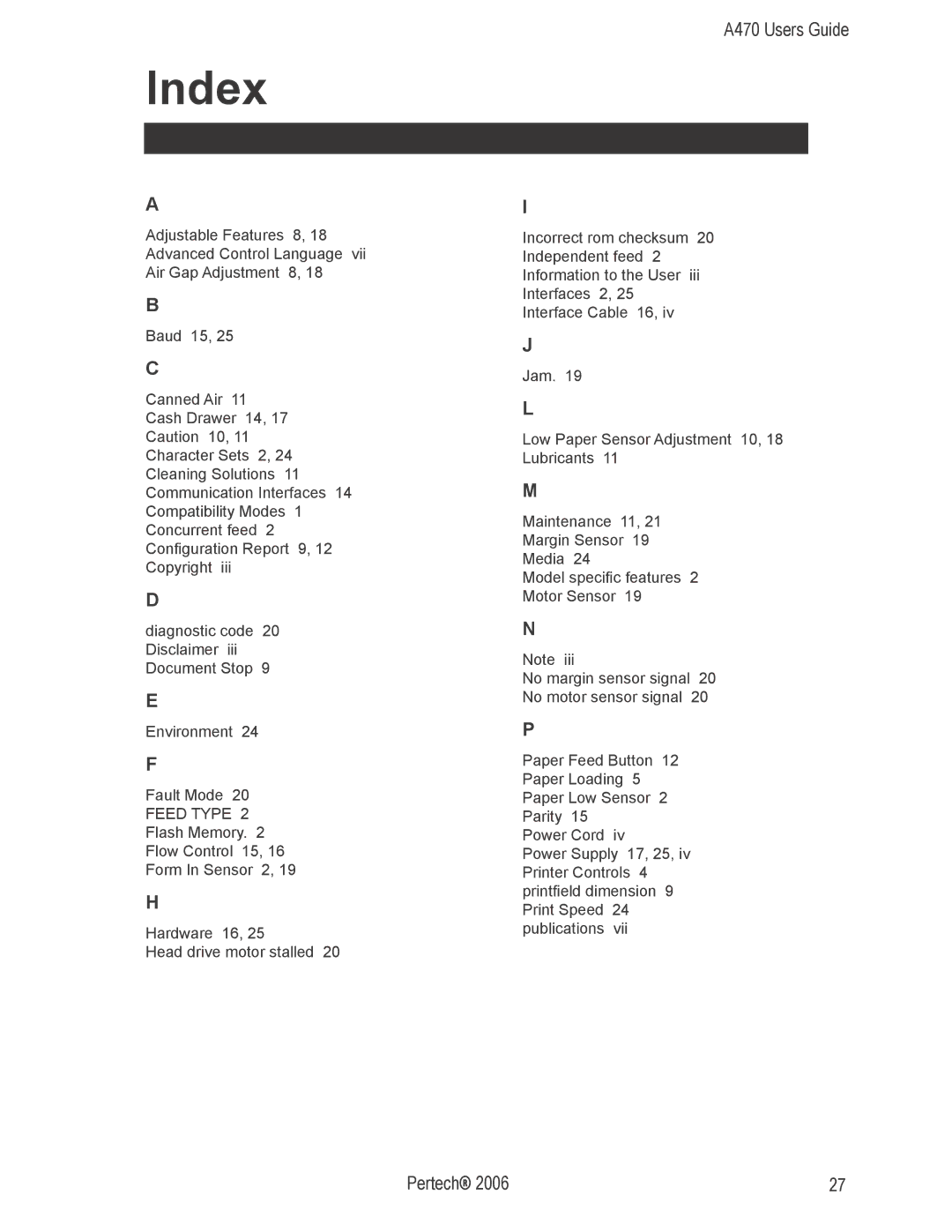 Pertech A470 manual Index 