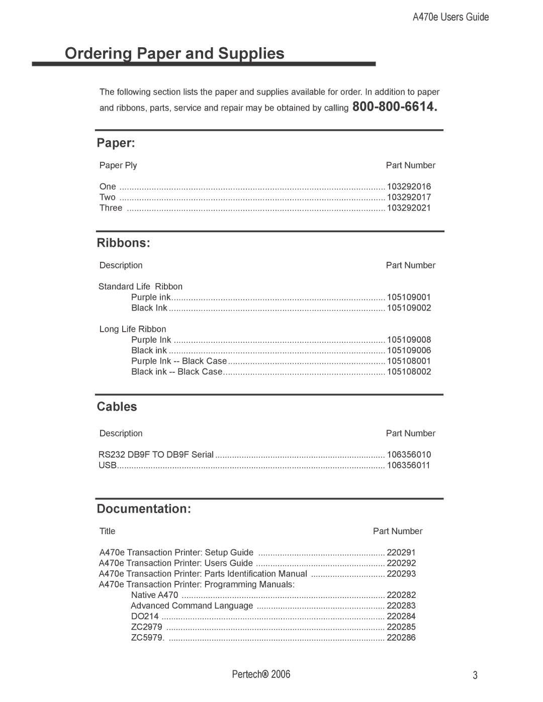 Pertech A470e manual Ordering Paper and Supplies, Ribbons, Cables, Documentation 