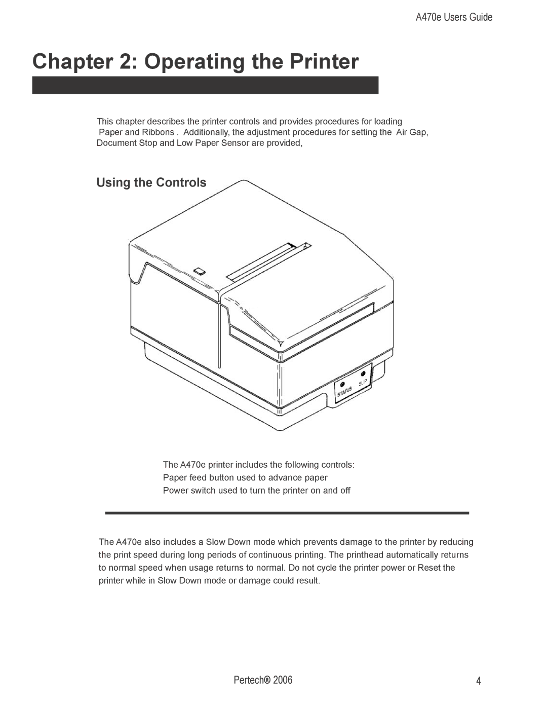 Pertech A470e manual Operating the Printer, Using the Controls 