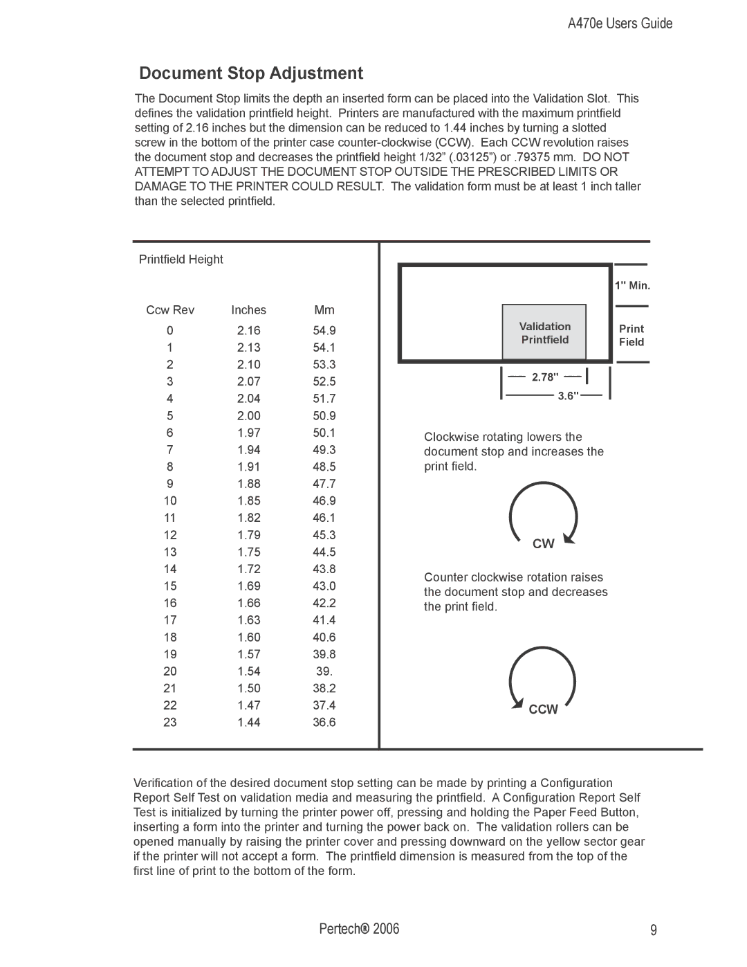 Pertech A470e manual Document Stop Adjustment, Ccw 