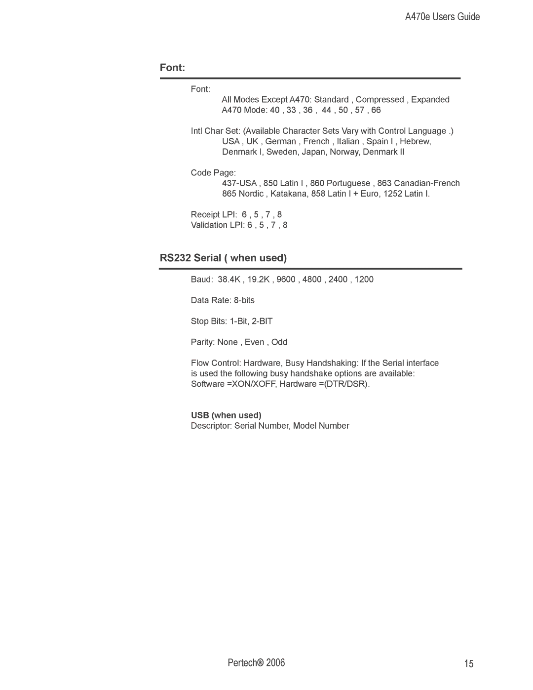 Pertech A470e manual Font, RS232 Serial when used 