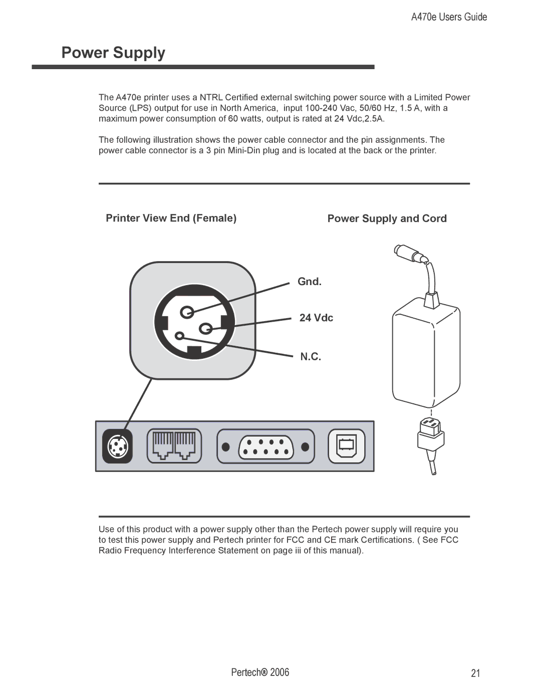 Pertech A470e manual Power Supply, Printer View End Female, Gnd 24 Vdc 