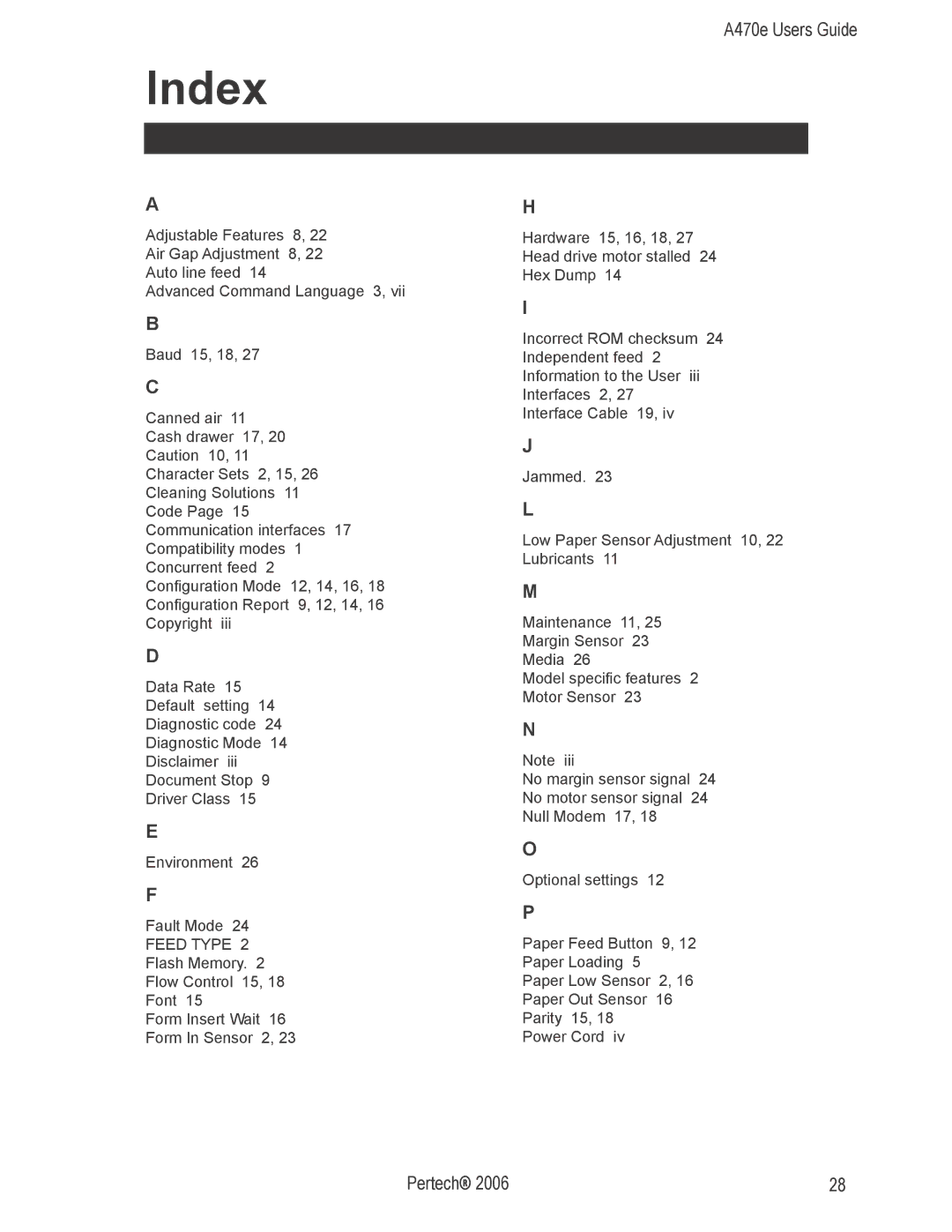 Pertech A470e manual Index 