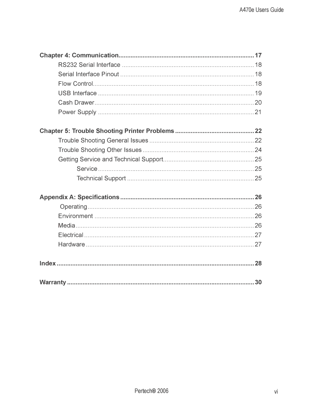 Pertech A470e manual Communication, Trouble Shooting Printer Problems, Appendix a Specifications, Index Warranty 