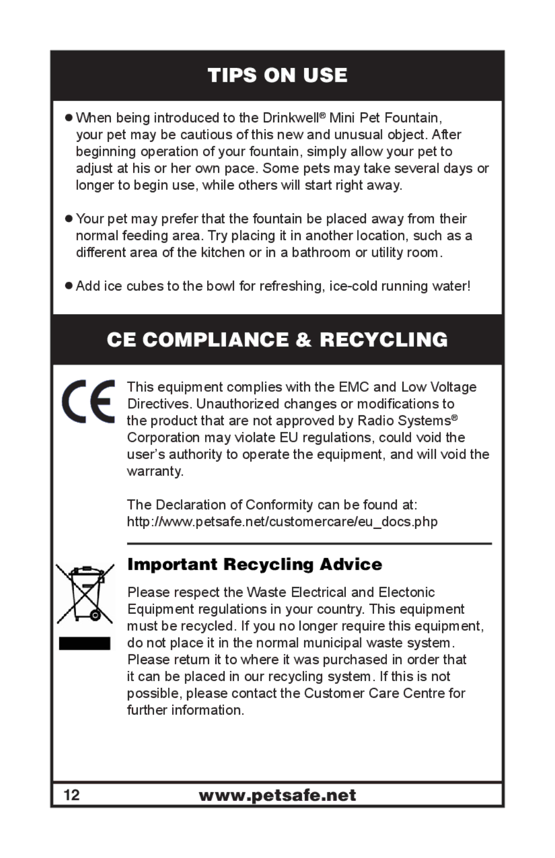 Petsafe 400-1254-19 manuel dutilisation Tips on USE, CE Compliance & Recycling, Important Recycling Advice 