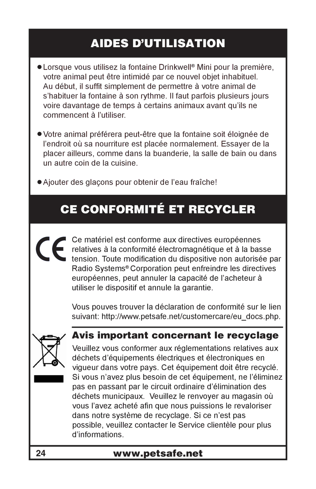 Petsafe 400-1254-19 Aides D’UTILISATION, CE Conformité ET Recycler, Avis important concernant le recyclage 