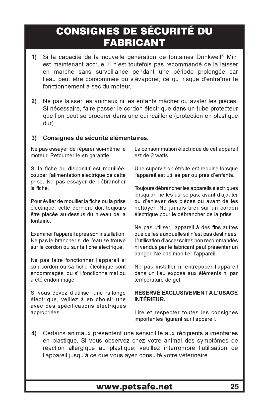 Petsafe 400-1254-19 manuel dutilisation Consignes DE Sécurité DU Fabricant, Consignes de sécurité élémentaires 