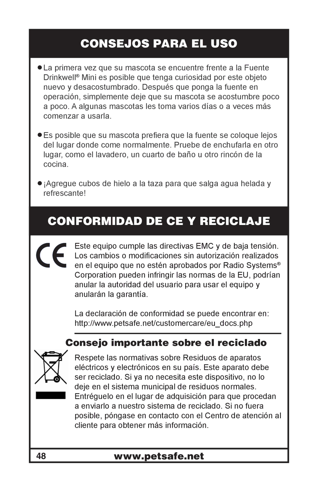 Petsafe 400-1254-19 Consejos Para EL USO, Conformidad DE CE Y Reciclaje, Consejo importante sobre el reciclado 