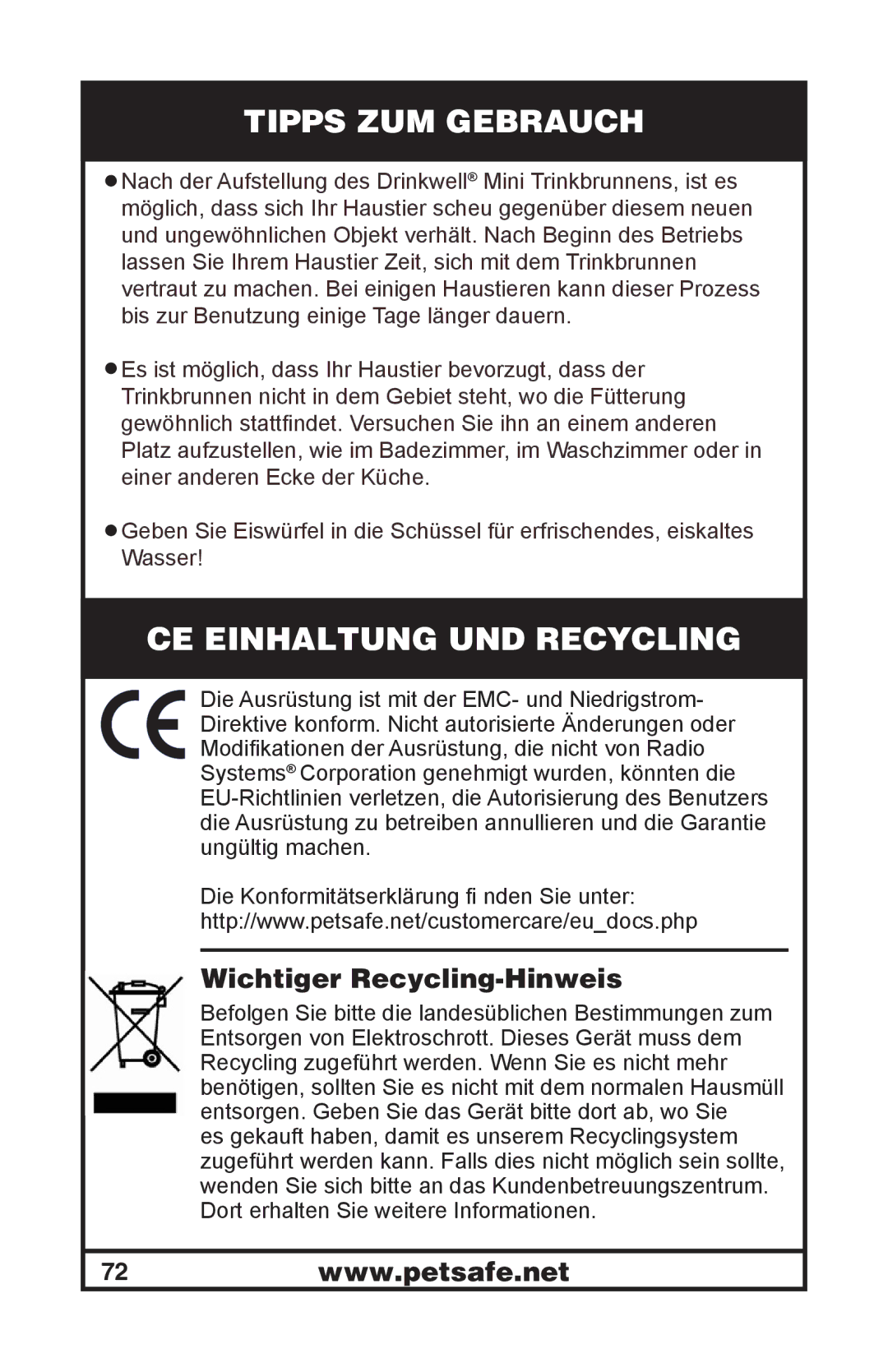 Petsafe 400-1254-19 manuel dutilisation Tipps ZUM Gebrauch, CE Einhaltung UND Recycling, Wichtiger Recycling-Hinweis 