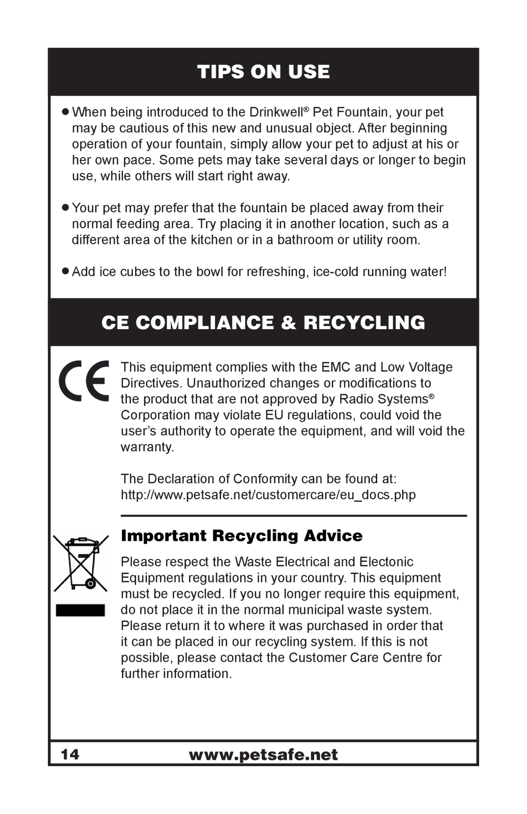 Petsafe 400-1255-19 manuel dutilisation Tips on USE, CE Compliance & Recycling, Important Recycling Advice 