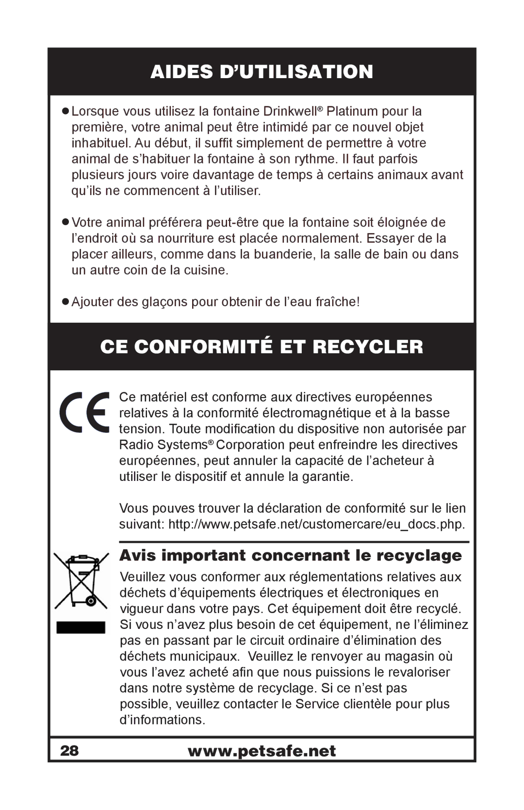 Petsafe 400-1255-19 Aides D’UTILISATION, CE Conformité ET Recycler, Avis important concernant le recyclage 