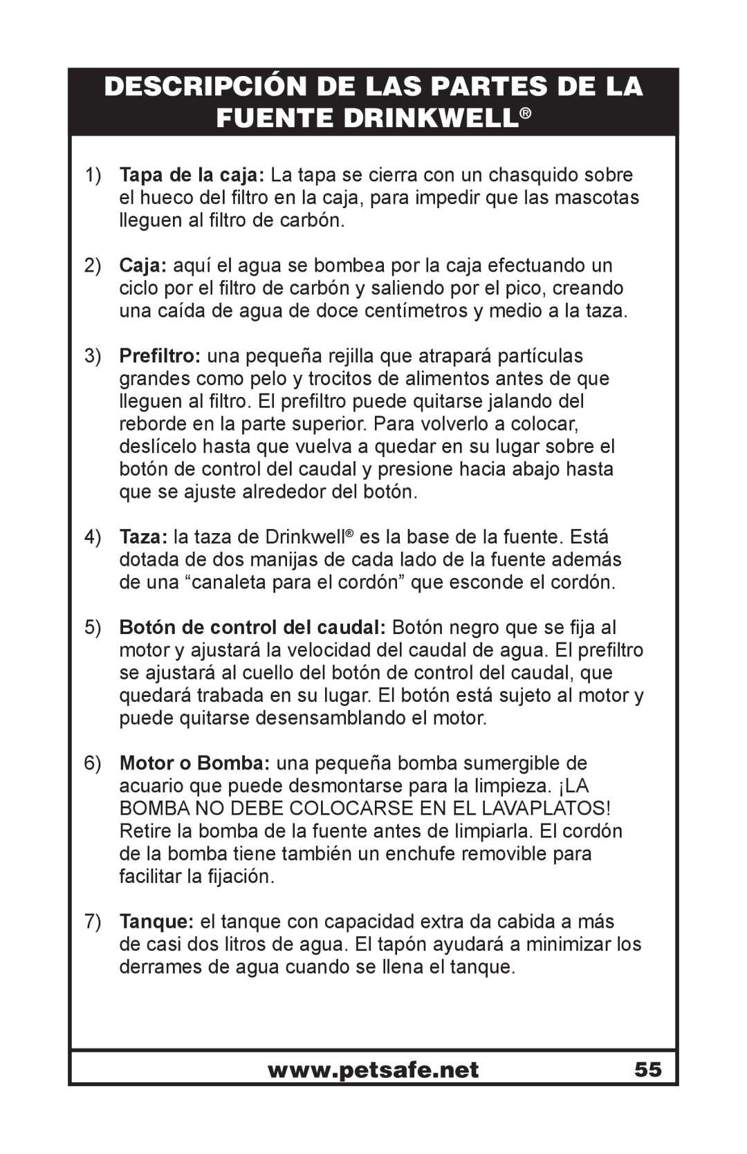 Petsafe 400-1255-19 manuel dutilisation Descripción DE LAS Partes DE LA Fuente Drinkwell 