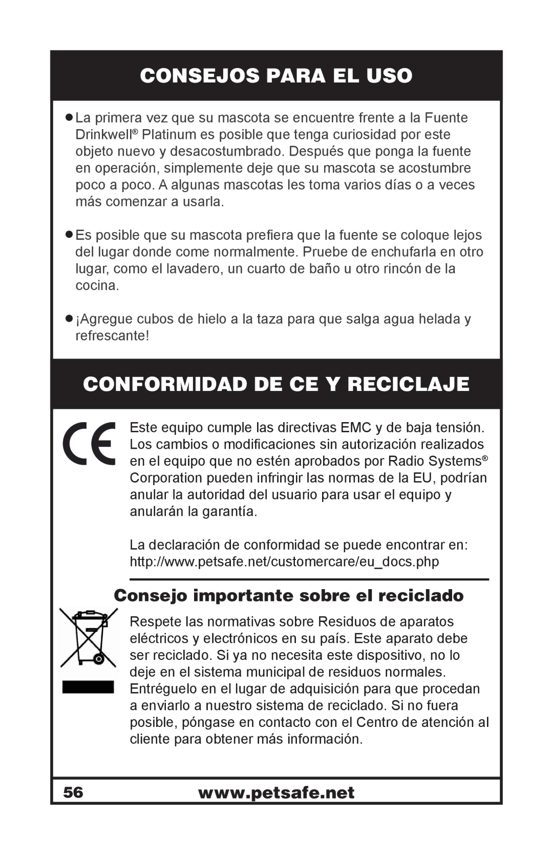 Petsafe 400-1255-19 Consejos Para EL USO, Conformidad DE CE Y Reciclaje, Consejo importante sobre el reciclado 