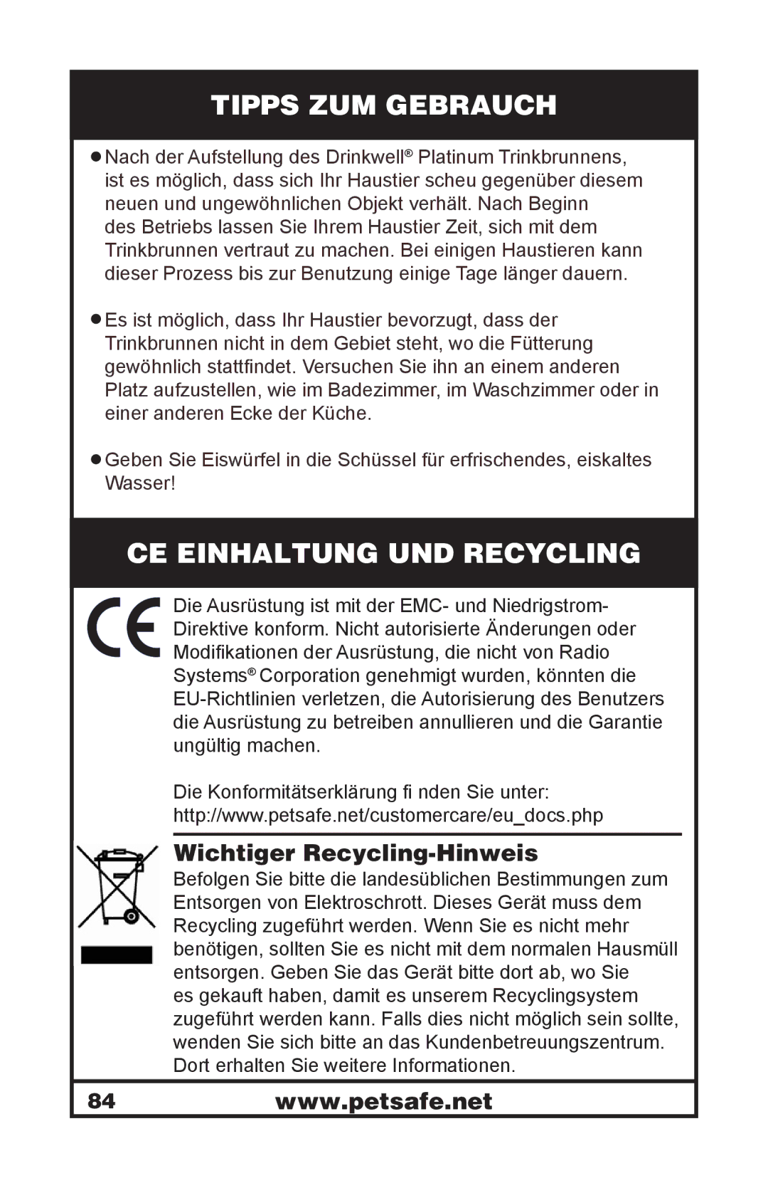 Petsafe 400-1255-19 manuel dutilisation Tipps ZUM Gebrauch, CE Einhaltung UND Recycling, Wichtiger Recycling-Hinweis 