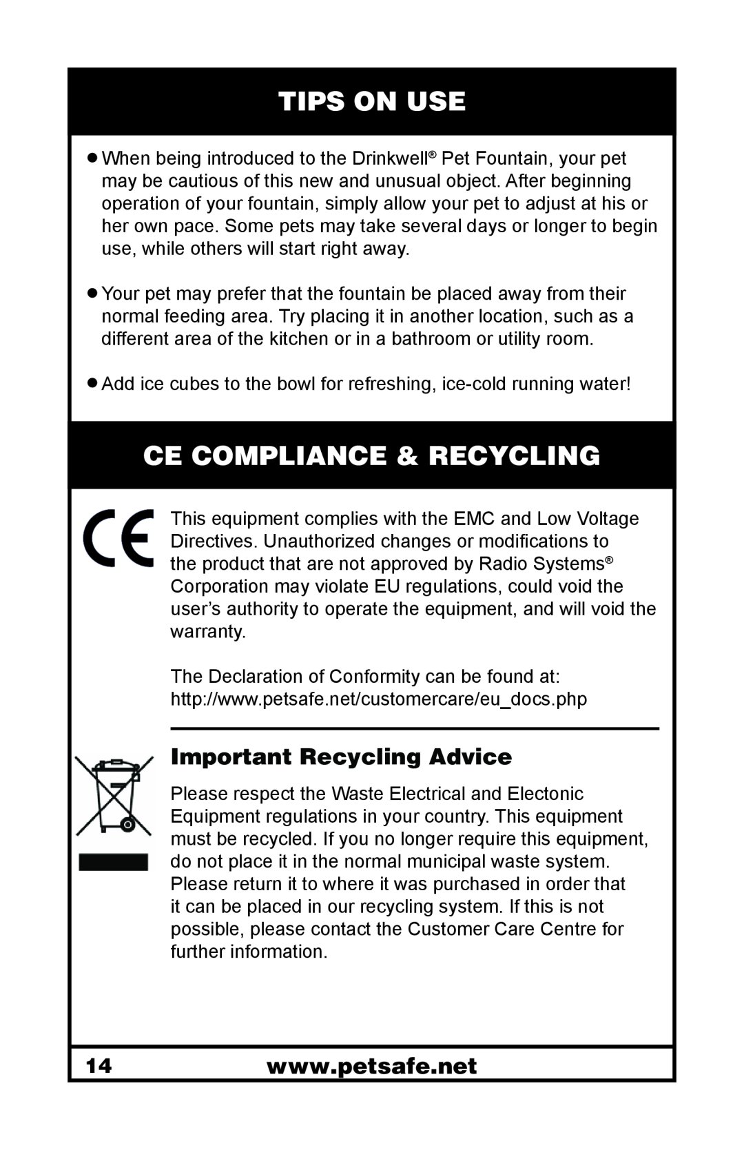 Petsafe 400-1255-19 manuel dutilisation Tips On Use, Ce Compliance & Recycling, Important Recycling Advice 
